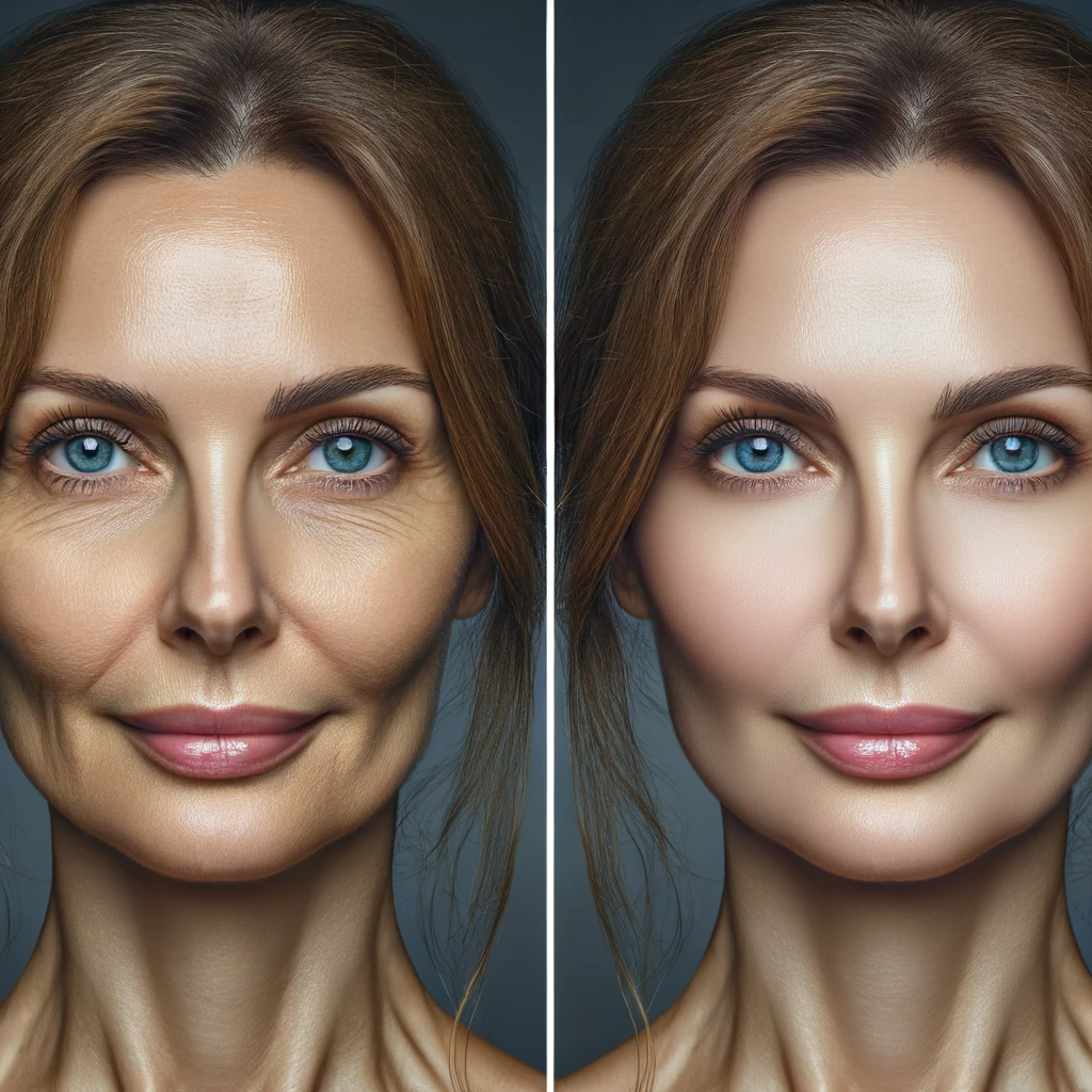 Imagem ilustrativa mostrando o antes e depois da utilização de Bioestimuladores em tratamentos de Harmonização Facial