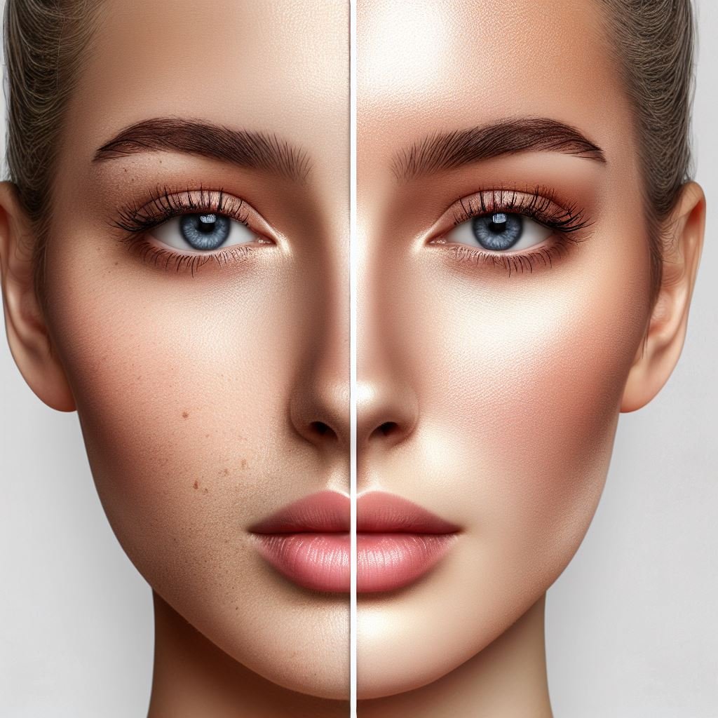 Imagem de uma mulher com o antes e depois do tratamento de skin booster