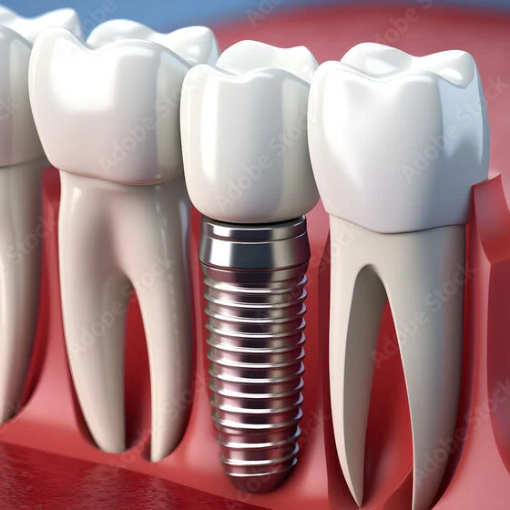 Ilustração perfeita do conceito dos implantes dentários mostrando um dente implantado entre outros normais.