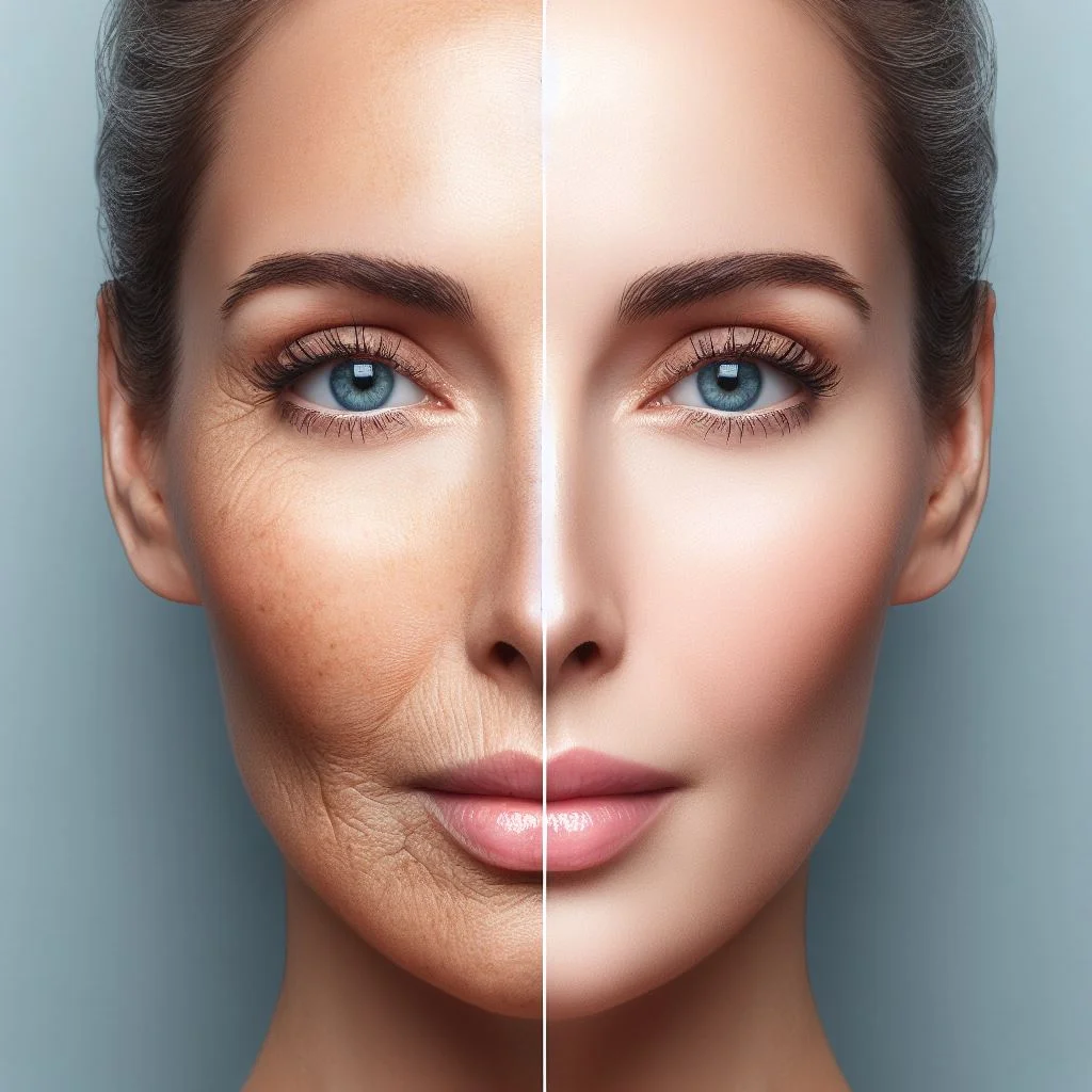 Imagem ilustrativa do rosto de uma mulher madura, mostrando o antes e depois de um tratamento de Harmonização Facial